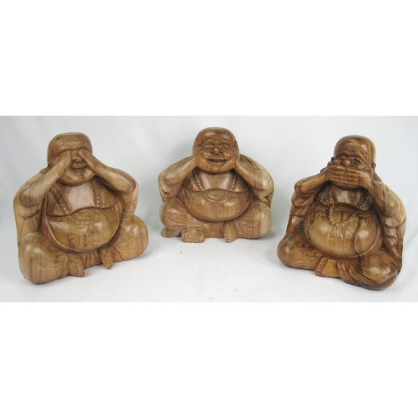 Wooden Set Of 3 Happy Buddhas Natural Finish
